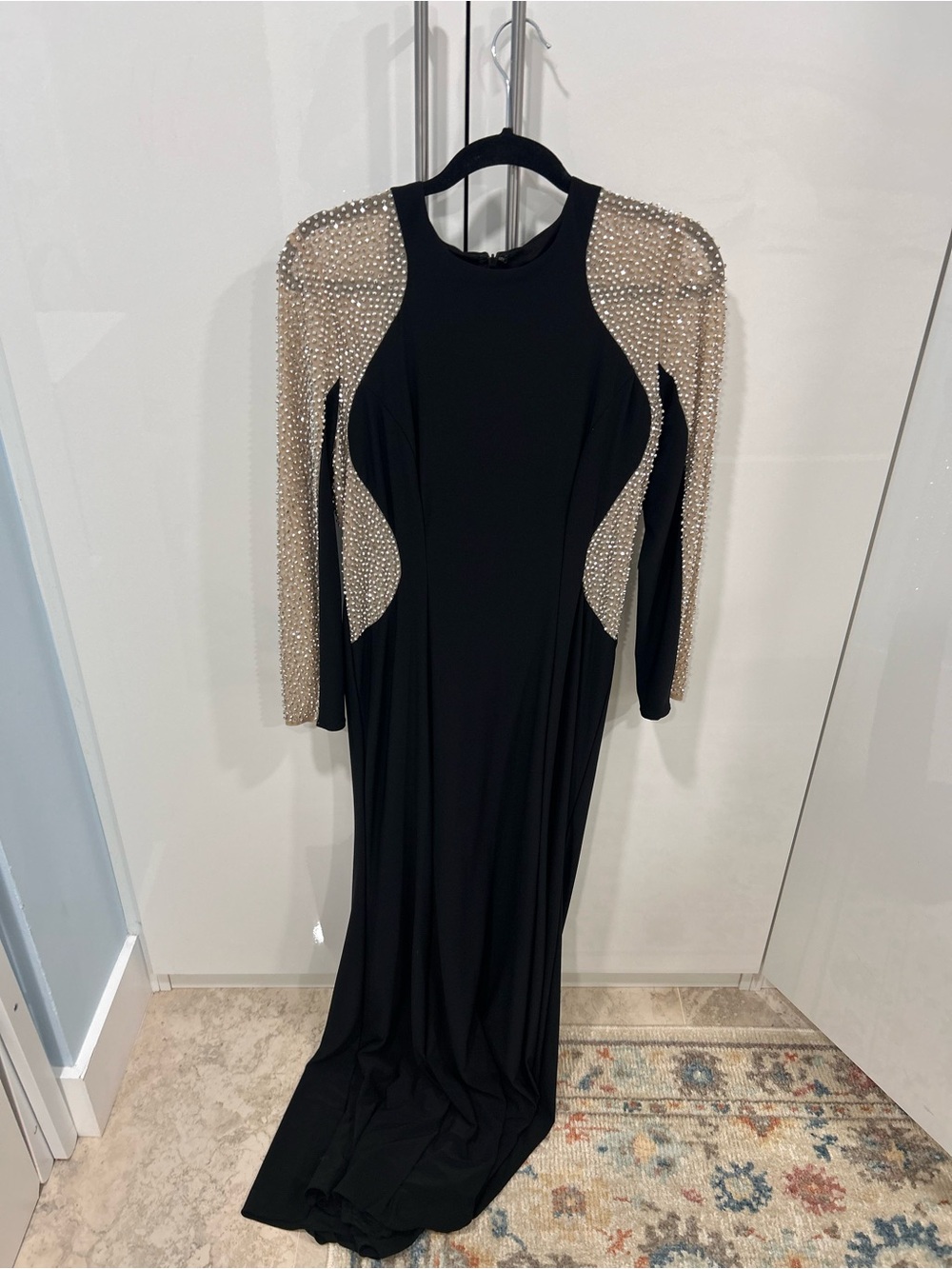 Xscape Black Long-Sleeve Evening Gown with Champagne Crystal Embellishments